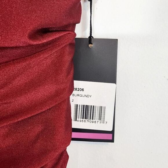 NWT La Femme Long Criss Cross Open Back Side Slit Trumpet Dress Burgundy Size 2 - Picture 3 of 12